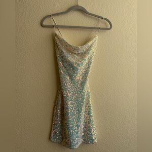 B. Darlin Iridescent Sequin Cowl Neck Mini Dress - Size 1/2